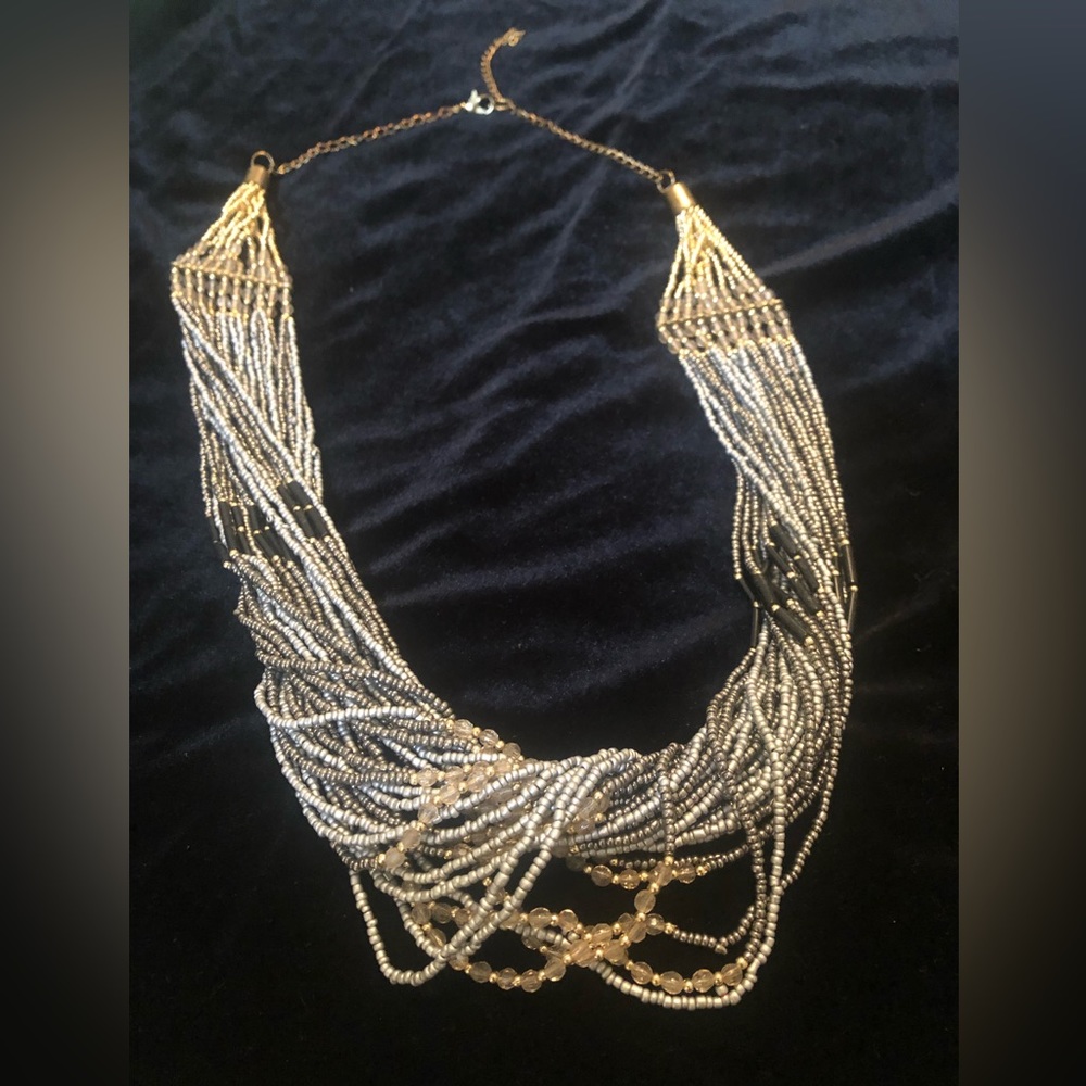 Multi-strand Beaded necklace - silver/gold/black multi tones.  Statement piece!